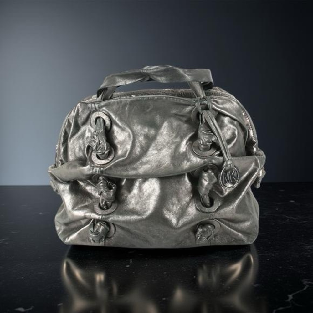Michael Kors Large Metallic Gathered Leather Zuma Bag Gunmetal gray